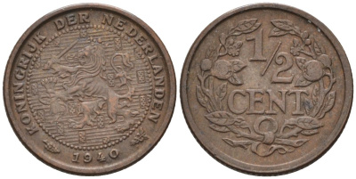 Нидерланды 1/2 цента 1940 Вильгельмина (1890-1948) KM 138 бронза 4588-1069