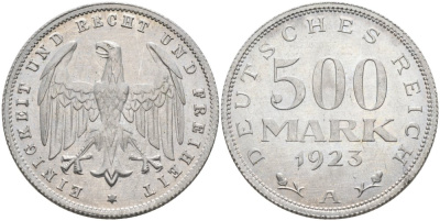 Германия 500 марок 1923 А KM 36, J.305 алюминий UNC 4574-836