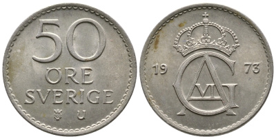 Швеция 50 эре 1973 U, Густав VI Адольф (1950-1973) KM 837 медно-никель UNC 177-935