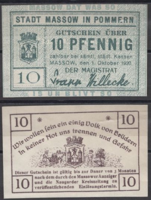 Массов 10 пфеннигов 1920 DeNG 2 M18.1a бумага UNC (пресс) 8613-57-1-1