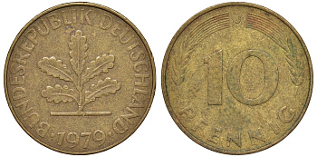 ФРГ 10 пфеннигов 1979 J KM 108, J. 383 сталь плакированная латунью 4132-554