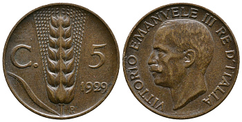 ИТАЛИЯ 5 ЧЕНТЕЗИМО 1929 R, ВИТОРИО ИМАНУИЛ KM 59 медь 08-531