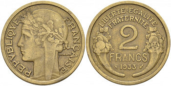 ФРАНЦИЯ 2 ФРАНКА 1933 ТИП MORLON KM 886, LE FRANC 268.5 алюминиевая бронза 4403-136