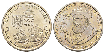 Португалия 200 эскудо 1998 Путешествие Васко да Гамы в Индию 1498 года - Васко да Гама KM 709 медно-никель UNC 4677-325