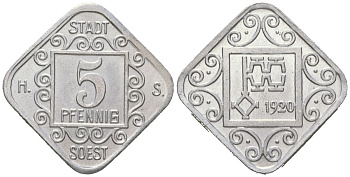 Зоест (Пруссия, Вестфалия) 5 пфеннингов 1920 Funck 504.4, Men05 23600.17, Men18 29530.17 алюминий aUNC 4169-1149