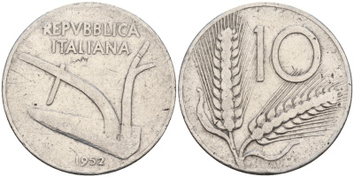 Италия 10 лир 1952 R, плуг KM 93 алюминий    4595-335