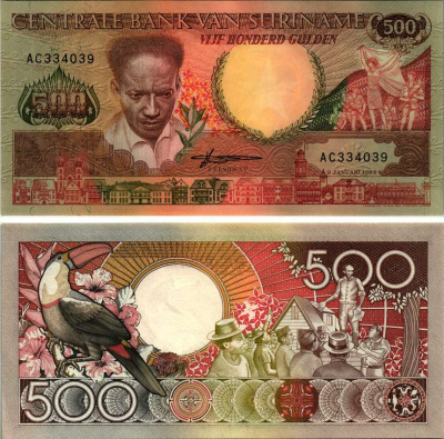 Суринам 500 гульденов 1988 Антон де Ком, тукан на ветке Pick 135 b бумага UNC (пресс) 7220-76-1