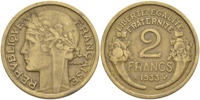 ФРАНЦИЯ 2 ФРАНКА 1933 ТИП MORLON KM 886, LE FRANC 268.5 алюминиевая бронза 4403-136