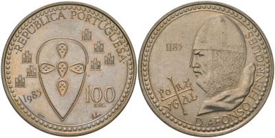 Португалия 100 эскудо 1985 INCM, 800 лет со дня смерти Короля Альфонсо Энрике KM 629 медно-никель aUNC 4587-1033