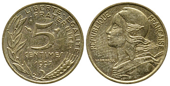 ФРАНЦИЯ 5 САНТИМОВ 1997 ТИП MARIANNE KM 933 медь алюминий никель 93-1326