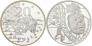 Нидерланды 20 евродолларов 2001 Альфред Хичкок (1899-1980), диаметр 39 мм., в коробке, с сертификатом серебро PROOF 3-4-3-45
