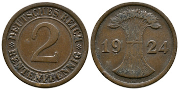 ГЕРМАНИЯ 2 РЕНТЕНПФЕННИГА 1924 A KM 31, J.307 бронза 86-1342
