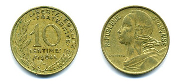 ФРАНЦИЯ 10 САНТИМОВ 1964 ТИП MARIANNE КМ 929 медь алюминий никель 3999-643