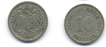 Германия 10 пфеннигов 1907 A KM 12, J. 13 медно-никель 58-317