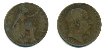 Великобритания 1 пенни 1910 Эдуард VII (1901-1910) KM 794.2, Spink 3990 бронза 47-815