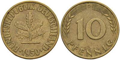 ФРГ 10 пфеннигов 1950 D KM 108 сталь плакированная латунью 4126-525
