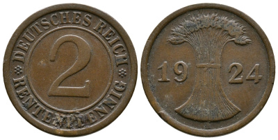 ГЕРМАНИЯ 2 РЕНТЕНПФЕННИГА 1924 A KM 31, J.307 бронза 86-1342
