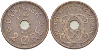 ДАНИЯ 2 ЭРЕ 1927 HCN; GJ, КРИСТИАН X (1912-1947) KM 827.1 бронза 212-945