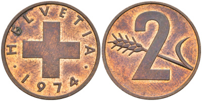 Швейцария 2 раппена 1974 KM 47 бронза UNC 4592-742