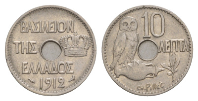 Греция 10 лепт 1912 Георг I (1863-1913), сова KM 63 никель 4655-341