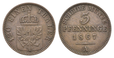 Пруссия 3 пфеннига 1867 A, Вильгельм I (1861-1888) KM 482 медь 4122-542