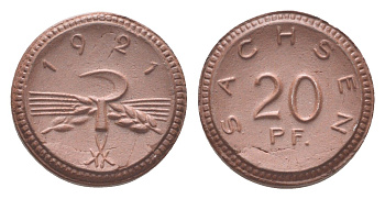 Саксония 20 пфеннигов 1921 Men05 22281.4, Men18 27868.4, Scheuch 31a, J N. 53 фарфор AUC2-5-11