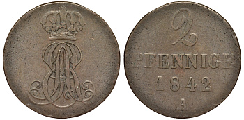 Ганновер 2 пфеннига 1842 A, Эрнст Август (1837-1851) KM 174.1, AKS 122, J. 55 медь 75-1724