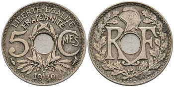 Франция 5 сантимов 1930 KM 875 медно-никель 4596-569