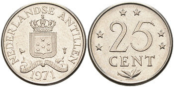 Нидерландские Антилы 25 центов 1971 Юлиана (1948-1980) KM 11 никель 4585-1068