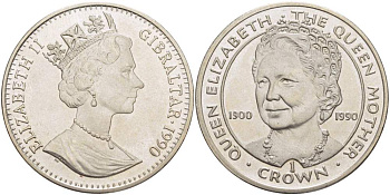 Гибралтар 1 крона 1990 90 лет со дня рождения королевы матери Елизавете KM 46 медно-никель UNC 4527-511