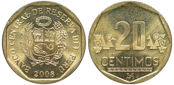 Перу 20 сентимо 2008 KM 306.4 латунь aUNC 4605-511