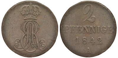 Ганновер 2 пфеннига 1842 A, Эрнст Август (1837-1851) KM 174.1, AKS 122, J. 55 медь 75-1724