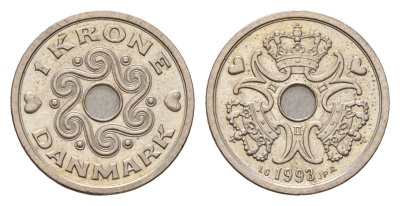 Дания 1 крона 1993 Маргрете II (1972-2024) KM 873 медно-никель aUNC 201-864