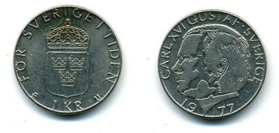 Швеция 1 крона 1977 Карл XVI Густав (1973- ) KM 852 медь плакированная медно-никелем 29-834