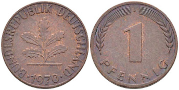 ФРГ 1 ПФЕННИГ 1970 J KM 105, J. 380 сталь плакированная медью 116-361