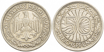 Германия 50 рейхспфеннигов 1927 A KM 49, J. 324 никель 4532-616