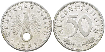 ГЕРМАНИЯ 50 РЕЙХСПФЕННИГОВ 1941 А KM 96, J. 372 алюминий 210-614