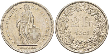 Швейцария 2 франка 1981 KM 21а.1 медно-никель 4542-523