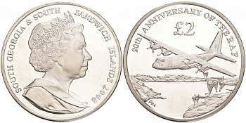 Южная Георгия и Южные Сандвичевы Острова 2 фунта 2008 90 лет ВВС Великобритании, самолет KM 49 медно-никель UNC M26-18