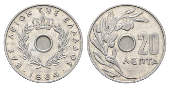 Греция 20 лепт 1964 Павел I (1947-1964), оливковая ветвь KM 79 алюминий 4670-113