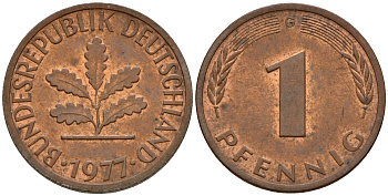 ФРГ 1 пфенниг 1977 G KM 105, J. 380 сталь плакированная медью    4598-556