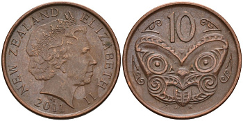 Новая Зеландия 10 центов 2011 маска Маори, Елизавета II (1952-) KM 117а сталь плакированная медью 4114-527