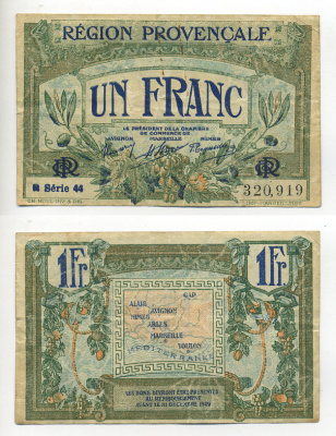 ФРАНЦИЯ 1 ФРАНК 1922 ПРОВИНЦИЯ МАРСЕЛЬ бумага 6280-28-2