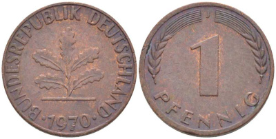 ФРГ 1 ПФЕННИГ 1970 J KM 105, J. 380 сталь плакированная медью 116-361