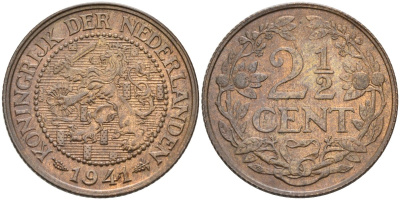 Нидерланды 2 1/2 цента 1941 Вильгельмина (1890-1948) KM 150 бронза 4575-854