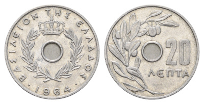 Греция 20 лепт 1964 Павел I (1947-1964), оливковая ветвь KM 79 алюминий 4670-113