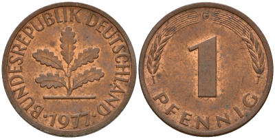 ФРГ 1 пфенниг 1977 G KM 105, J. 380 сталь плакированная медью    4598-556