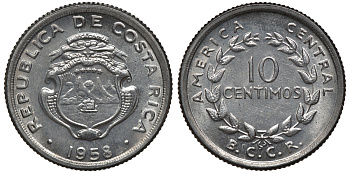 Коста-Рика 10 сентимо 1958 KM 185.1a сталь UNC M53-06