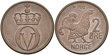 Норвегия 2 эре 1972 глухарь, Улаф V (1958-1991) KM 410 бронза UNC 4582-536