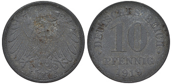 ГЕРМАНИЯ 10 ПФЕННИГОВ 1919 KM 26, J. 299 цинк 45-1256